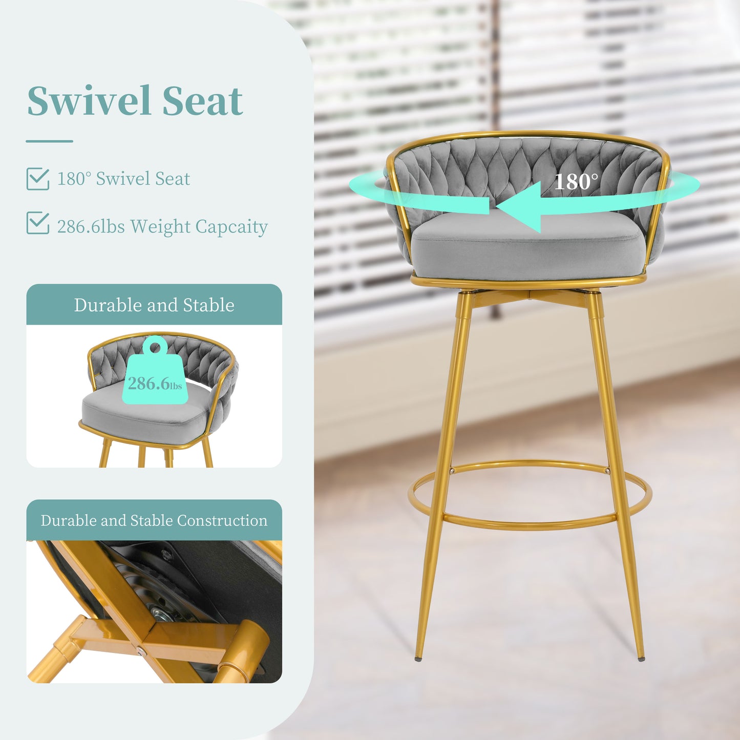 Grey velvet swivel bar stool with gold legs and degree rotation