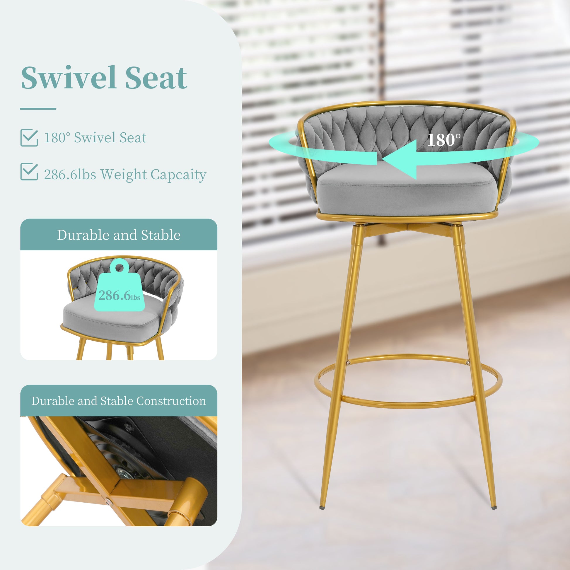 Grey velvet swivel bar stool with gold legs and degree rotation