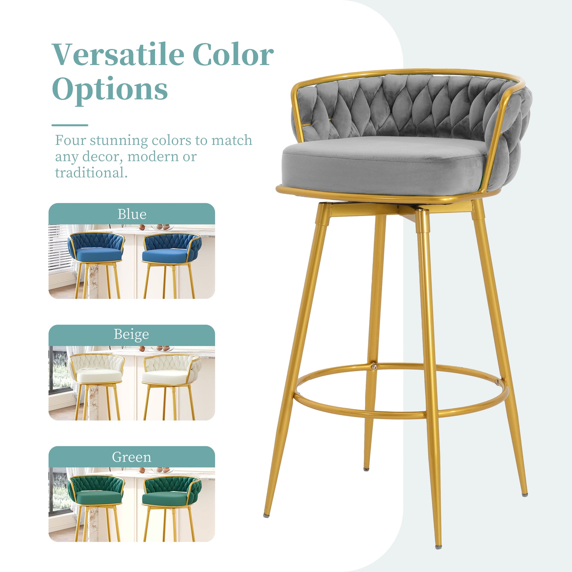 Grey velvet bar stool with tufted back and gold legs