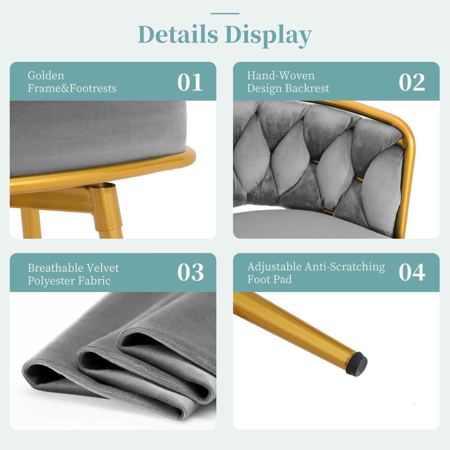 Closeup of plush gray velvet armchair showing golden metal frame and footrest