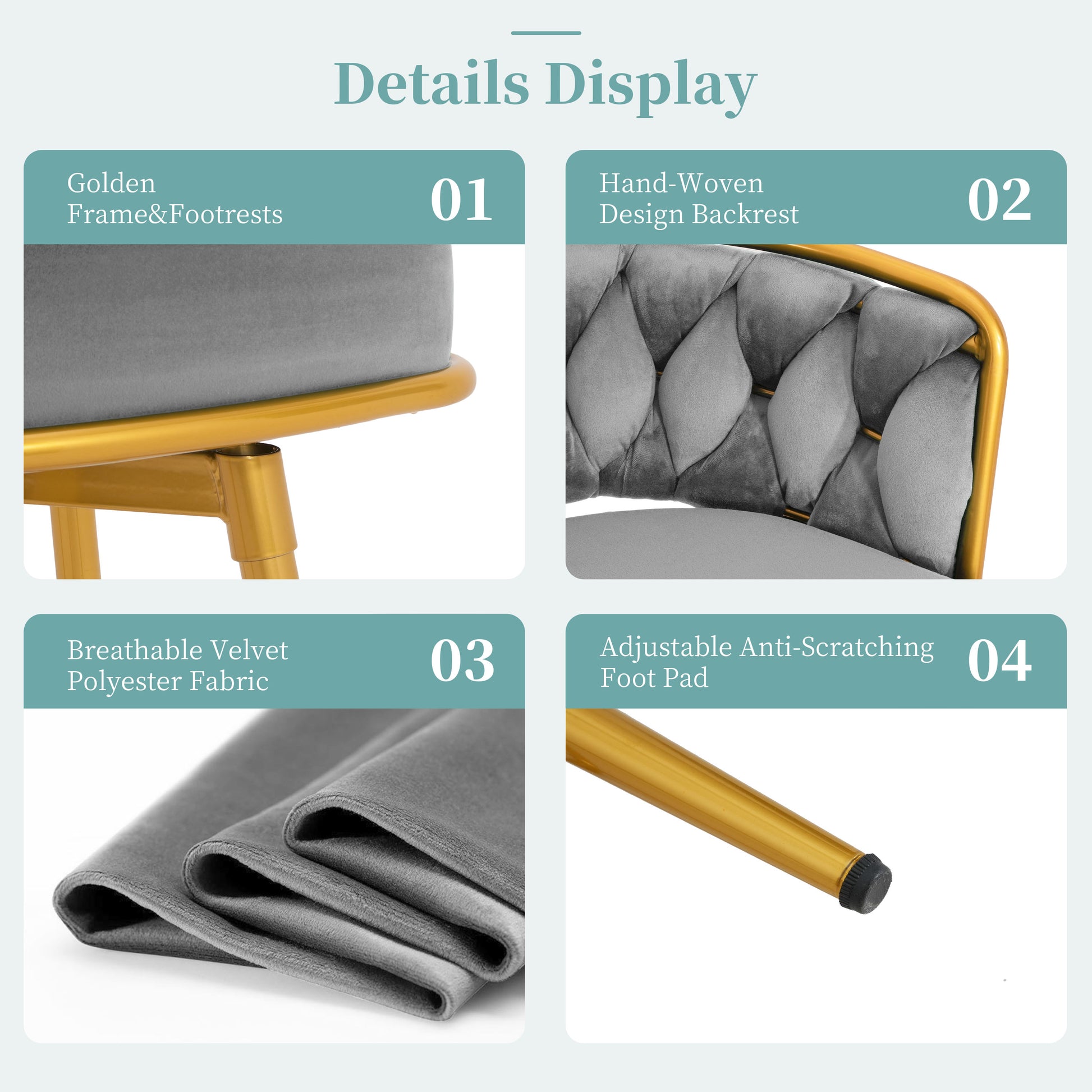 Closeup of plush gray velvet armchair showing golden metal frame and footrest