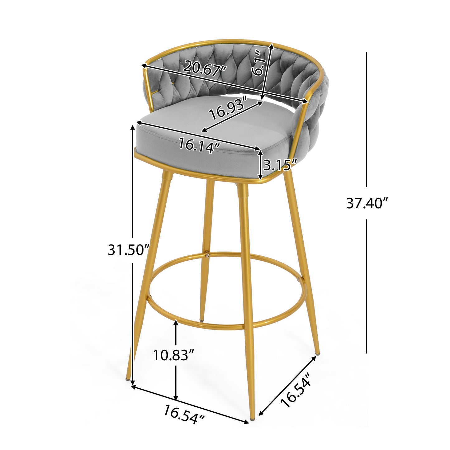 Gray velvet counter stool with gold legs and tufted backrest