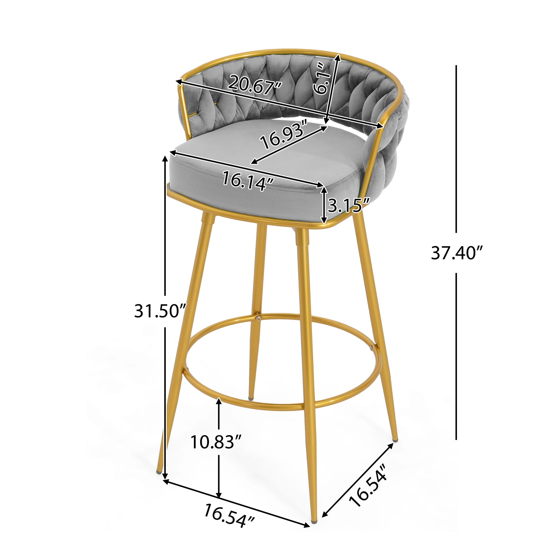 Gray velvet counter stool with gold legs and tufted backrest