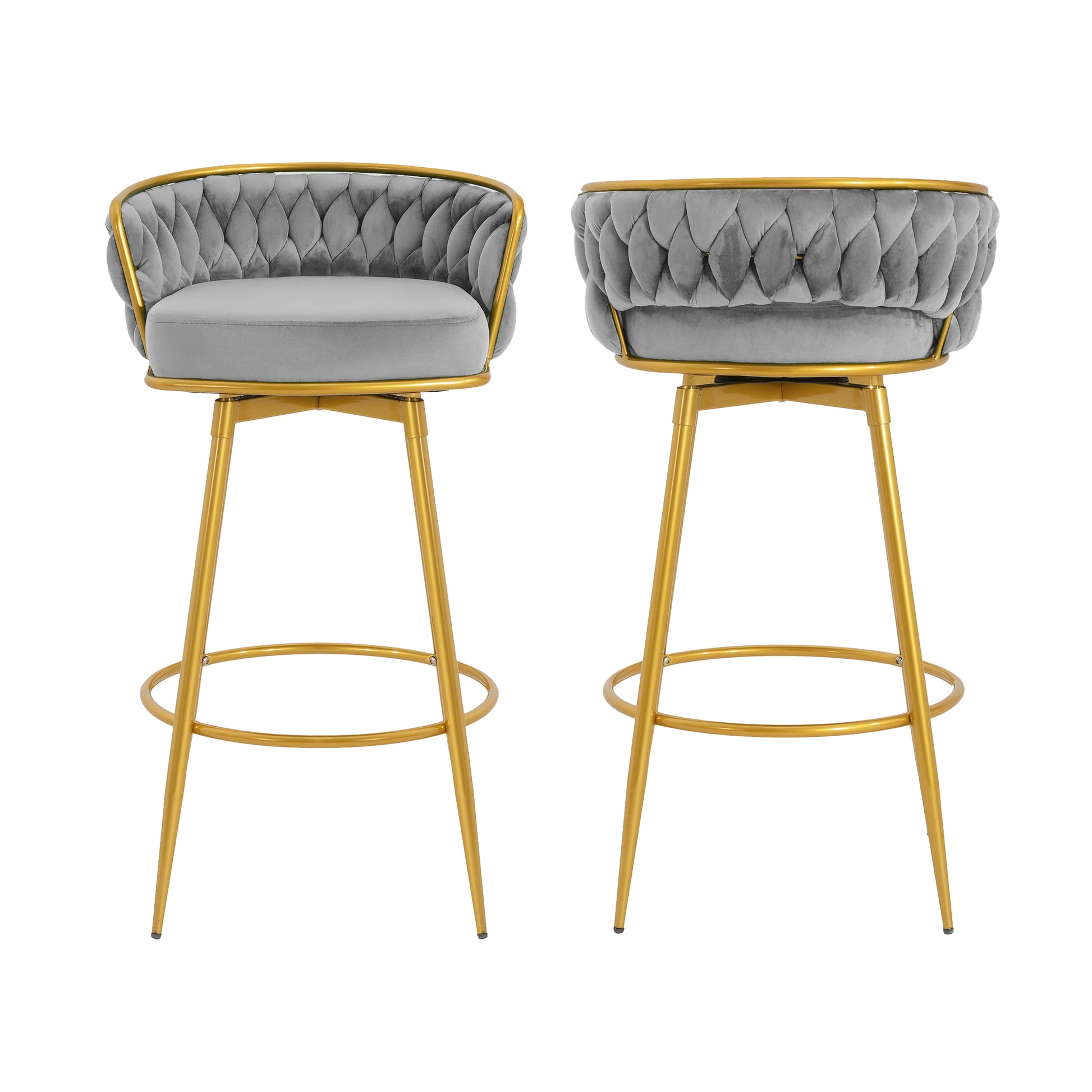 Grey velvet bar stool with gold frame and tufted back