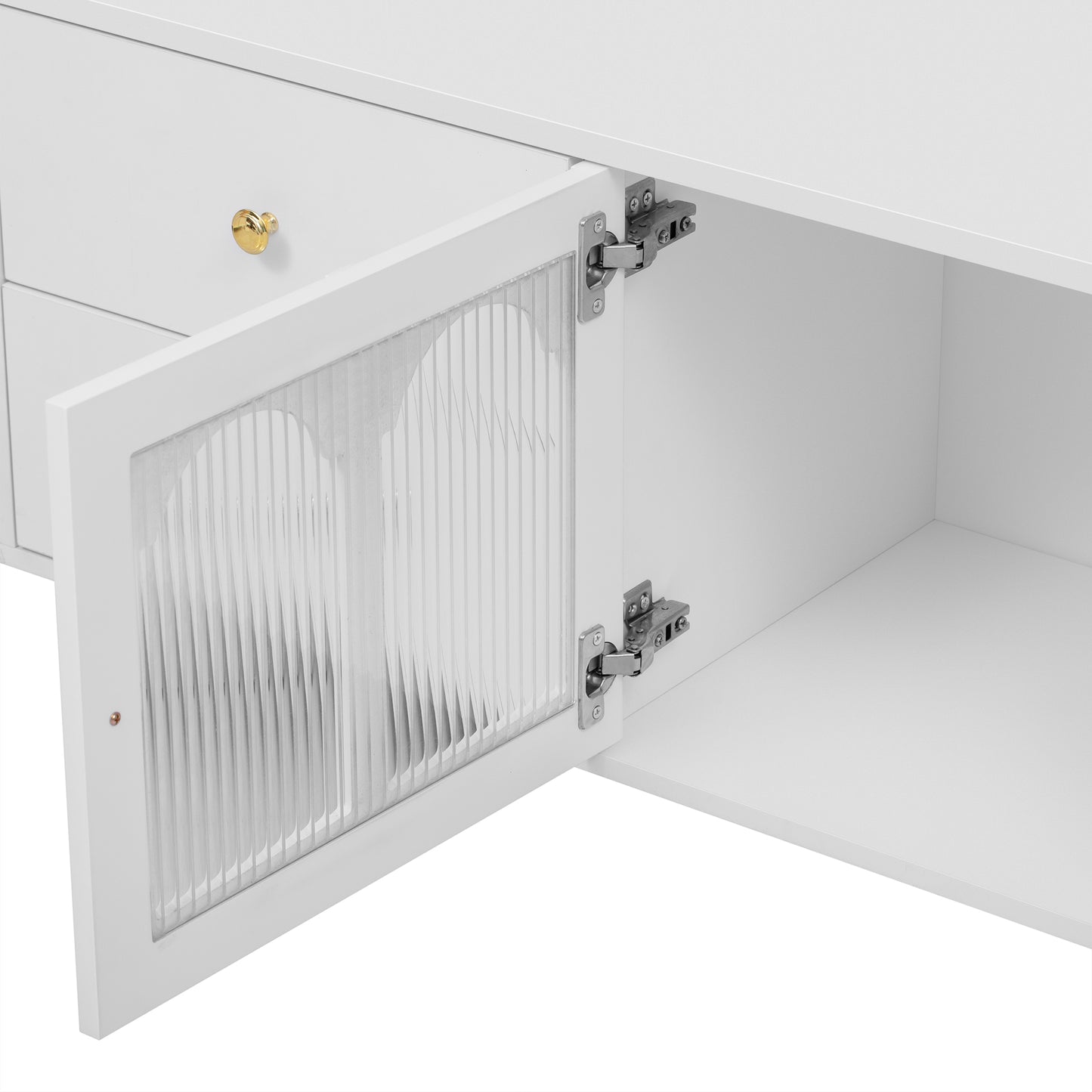 White cabinet with ribbed glass door and gold knob