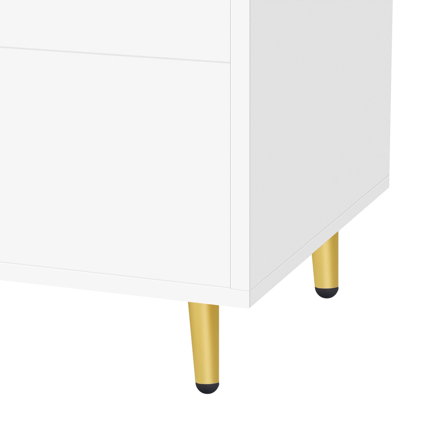 White dresser drawer detail with gold tapered legs