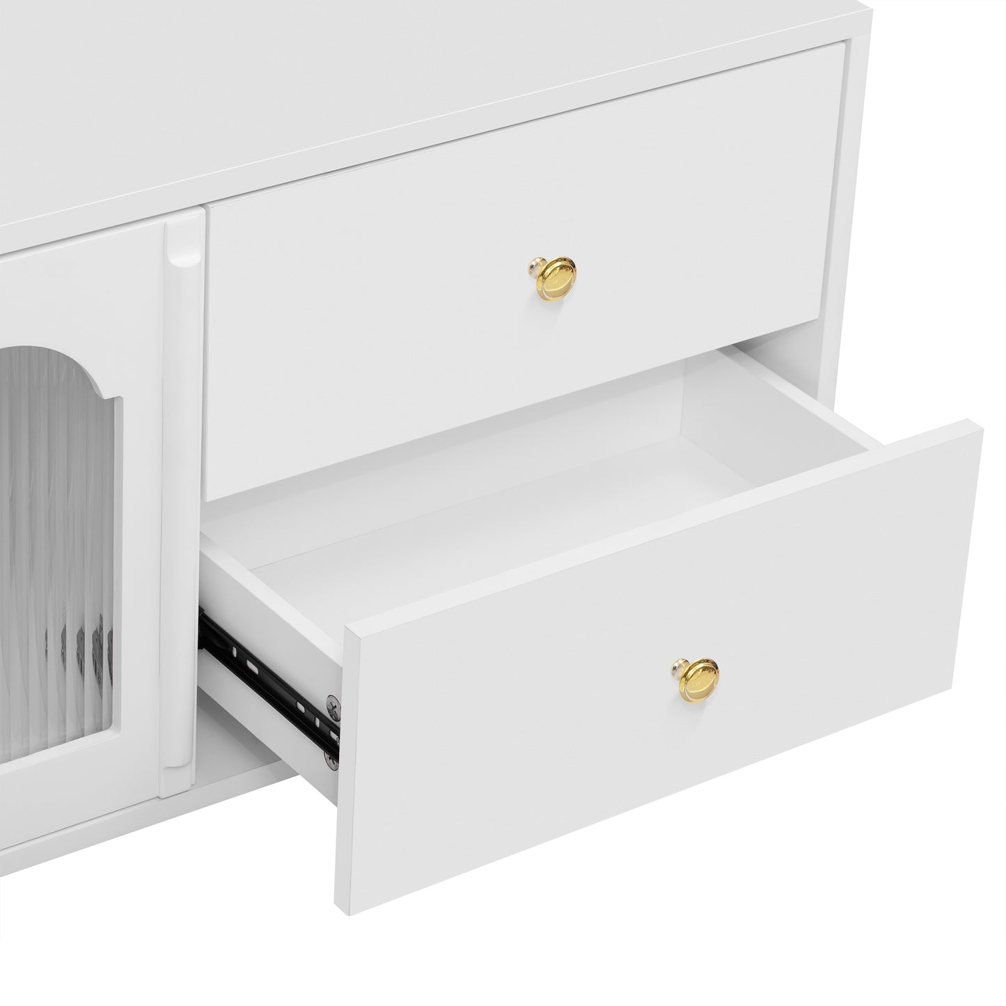 White wooden cabinet with fluted glass door and gold drawer pulls