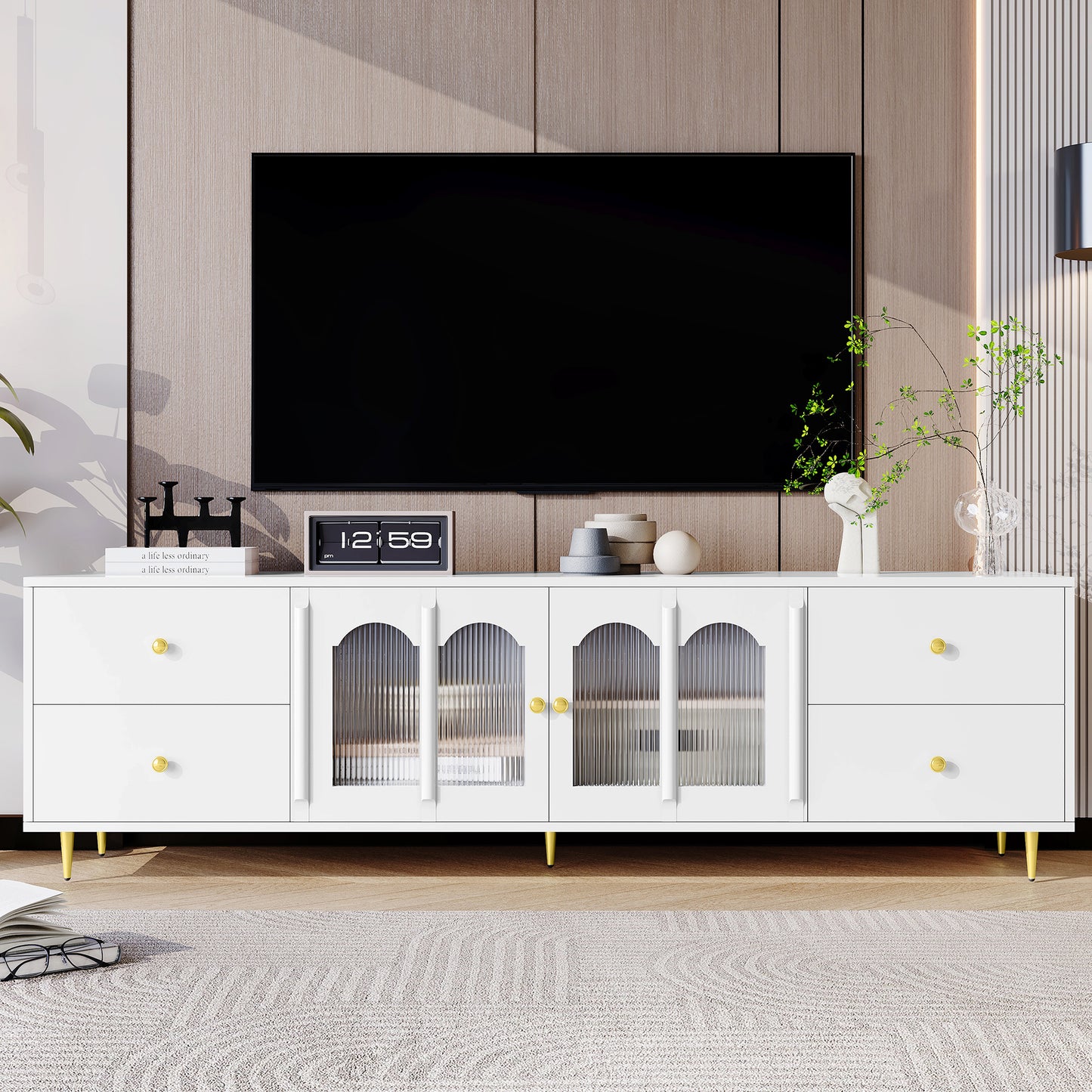 Modern white TV stand with gold hardware and fluted glass doors