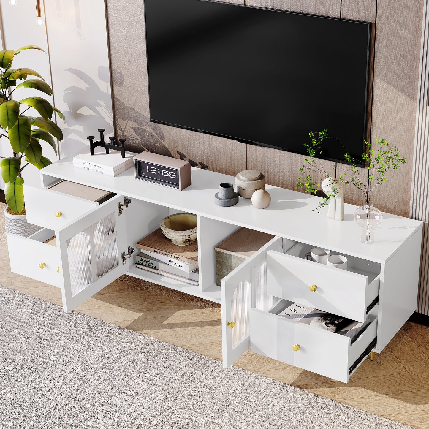 White TV stand with fluted glass doors and gold hardware