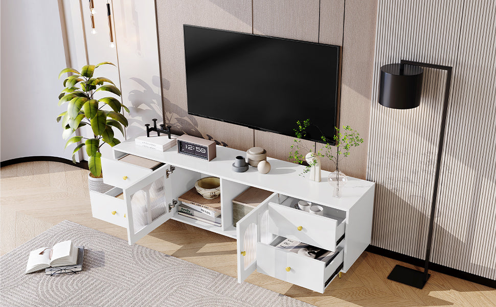 Modern white TV stand with open compartments and drawers