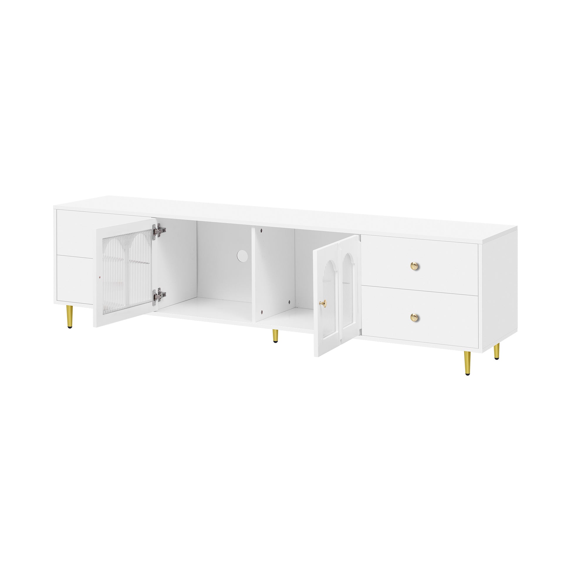 White media console with fluted glass doors and gold hardware