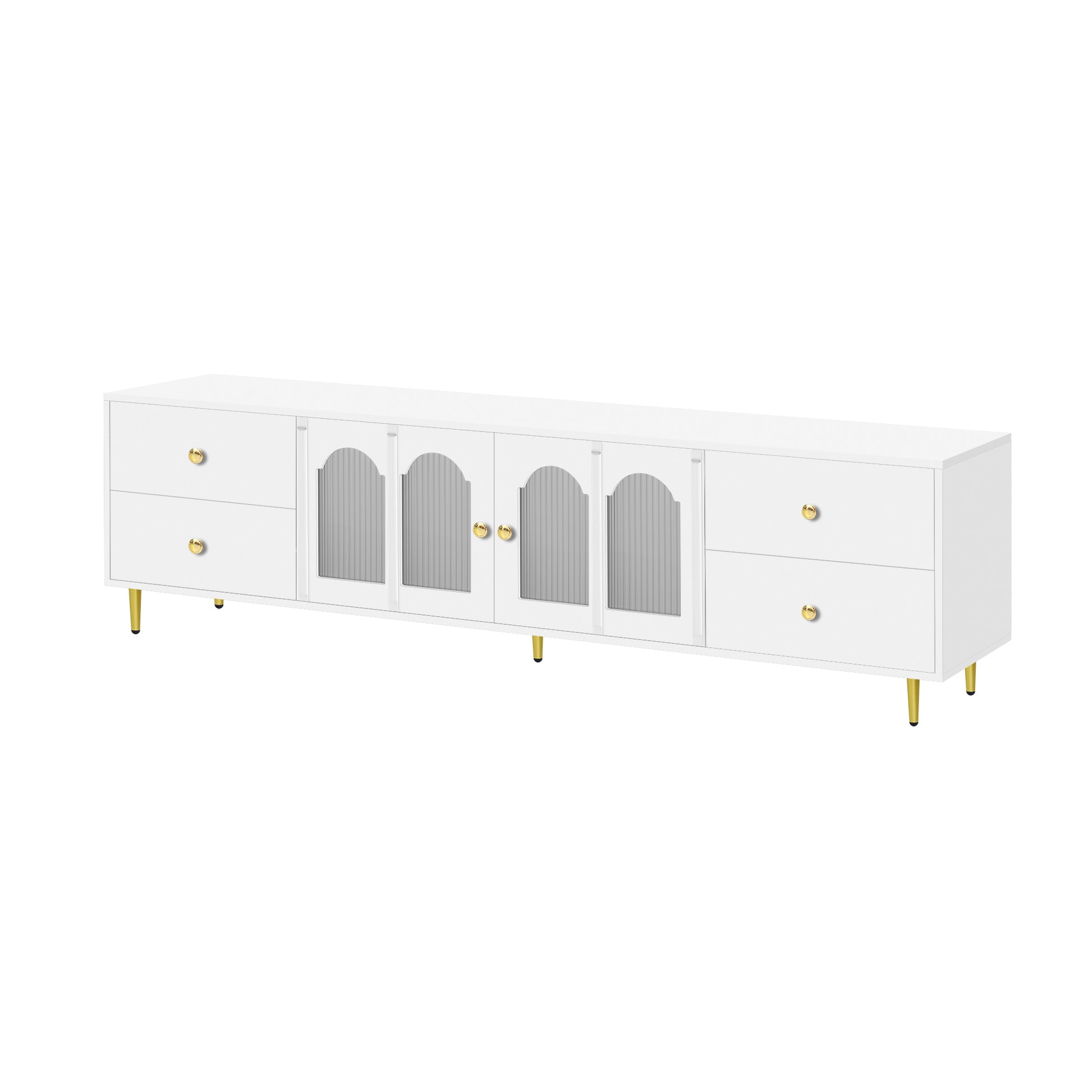 White media console with gold hardware and fluted glass doors