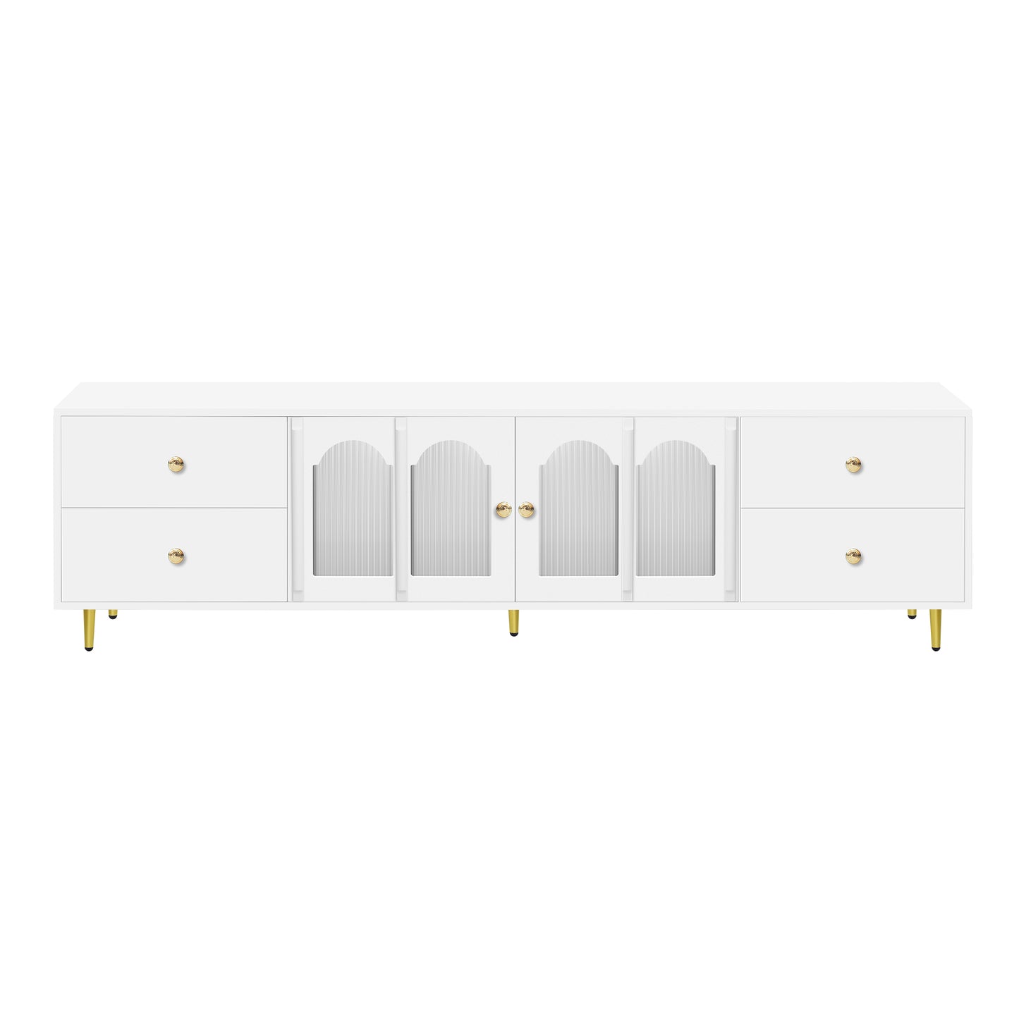 White media console with fluted glass doors and gold hardware