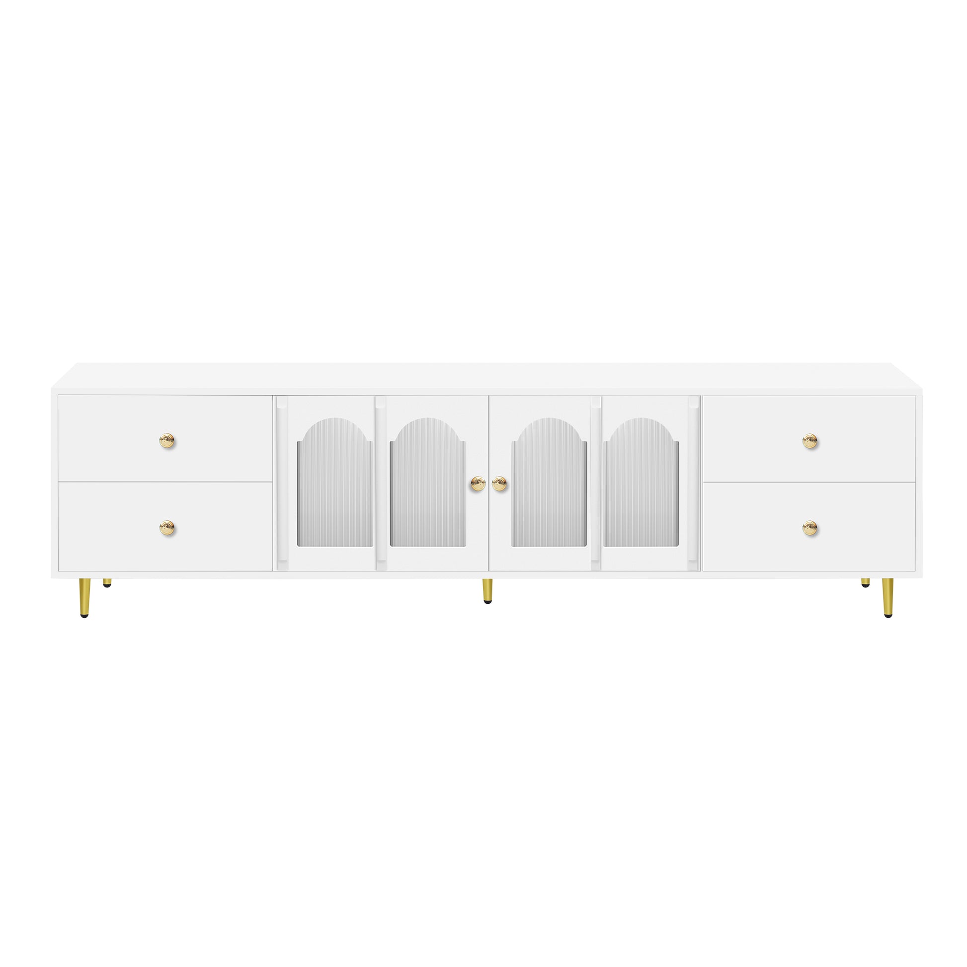 White media console with fluted glass doors and gold hardware
