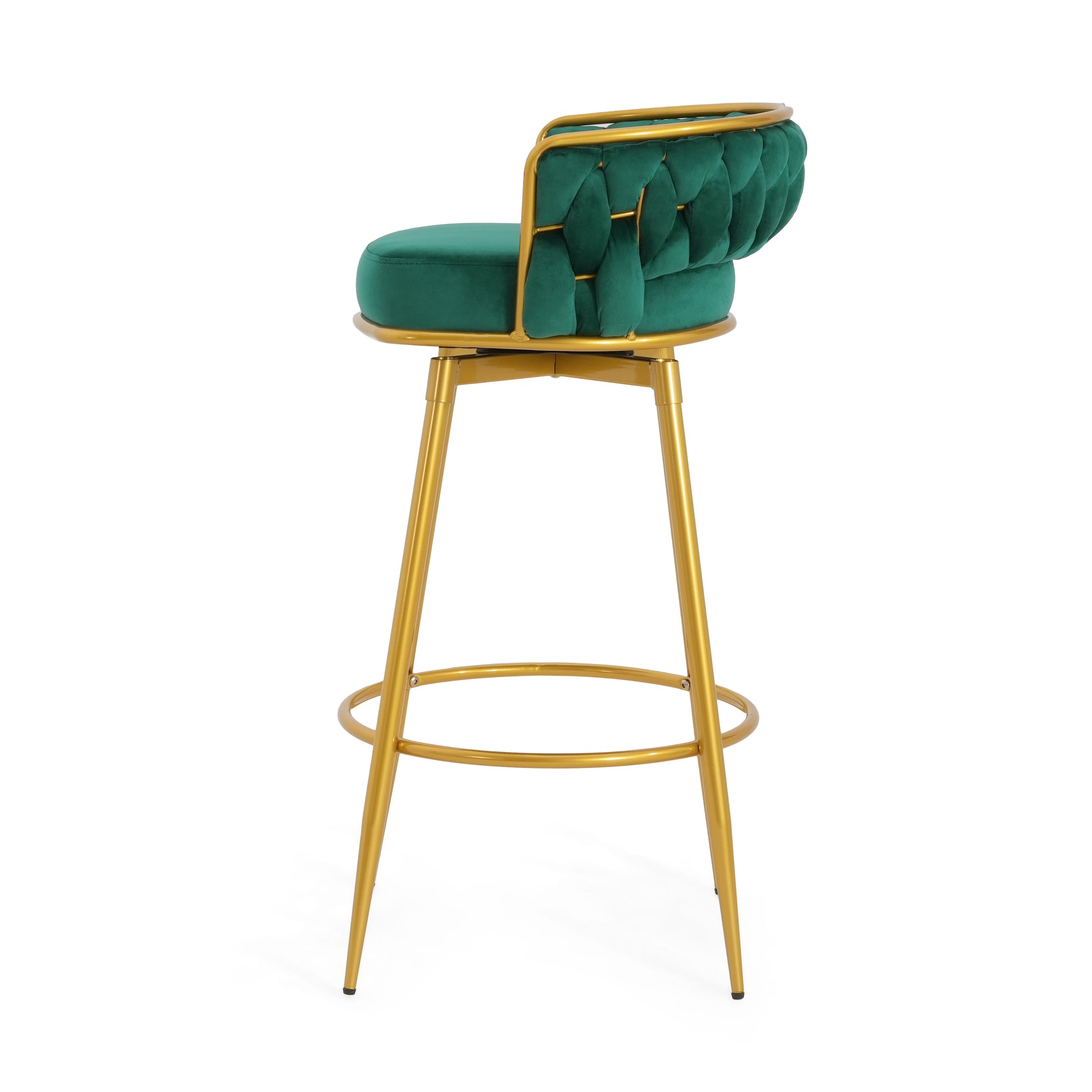 Green velvet bar stool with gold metal legs and tufted backrest