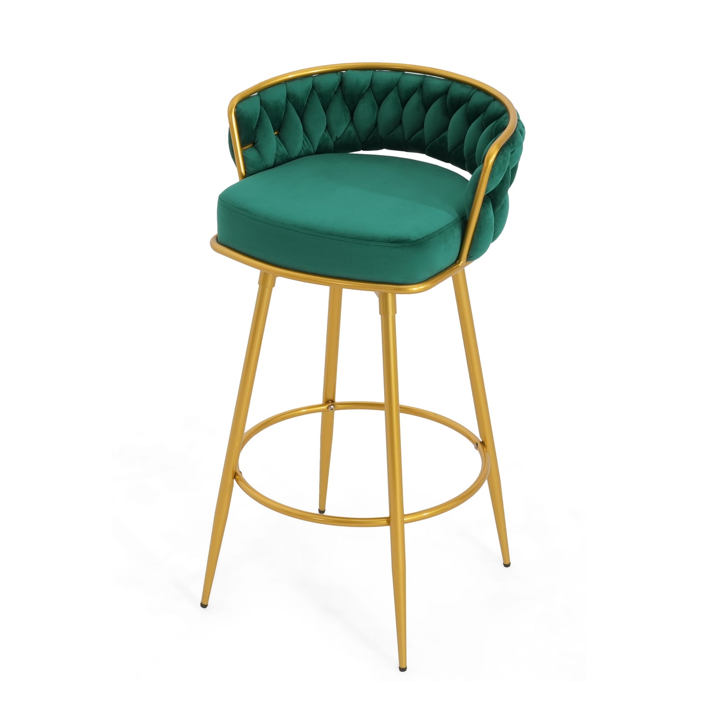Emerald green velvet bar stool with tufted back and gold metal legs