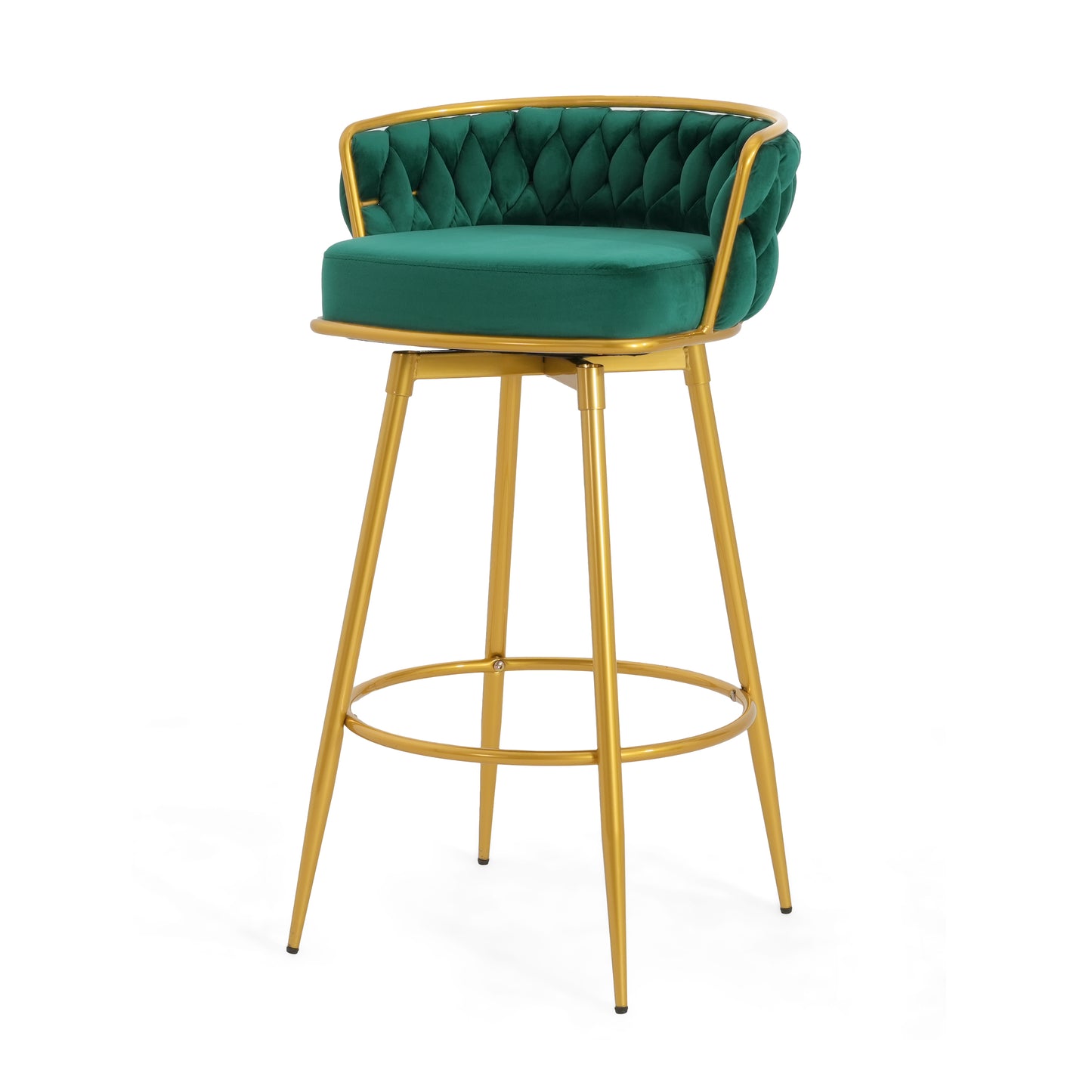 Emerald green velvet bar stool with gold metal legs and diamond tufting