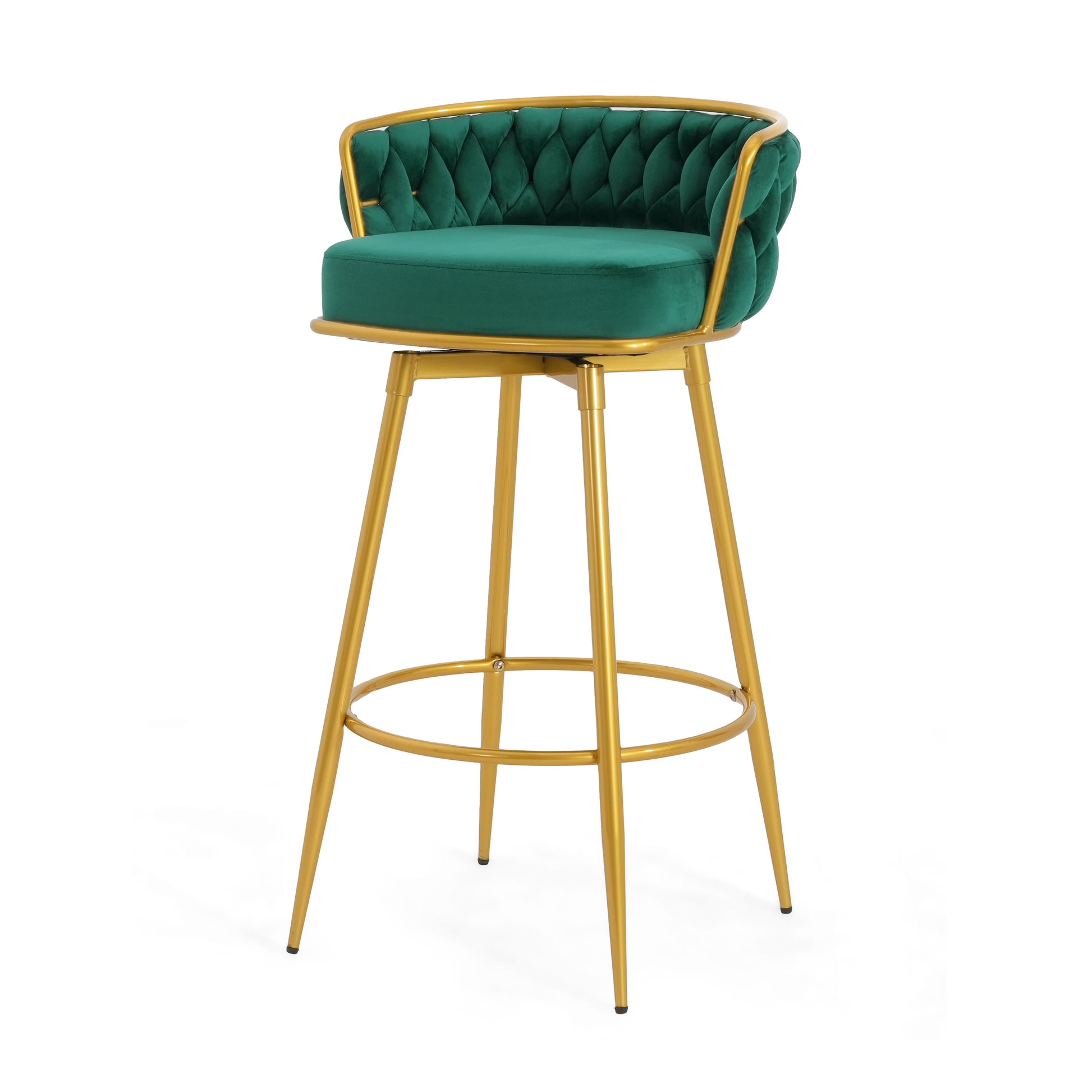Emerald green velvet bar stool with gold metal legs and diamond tufting