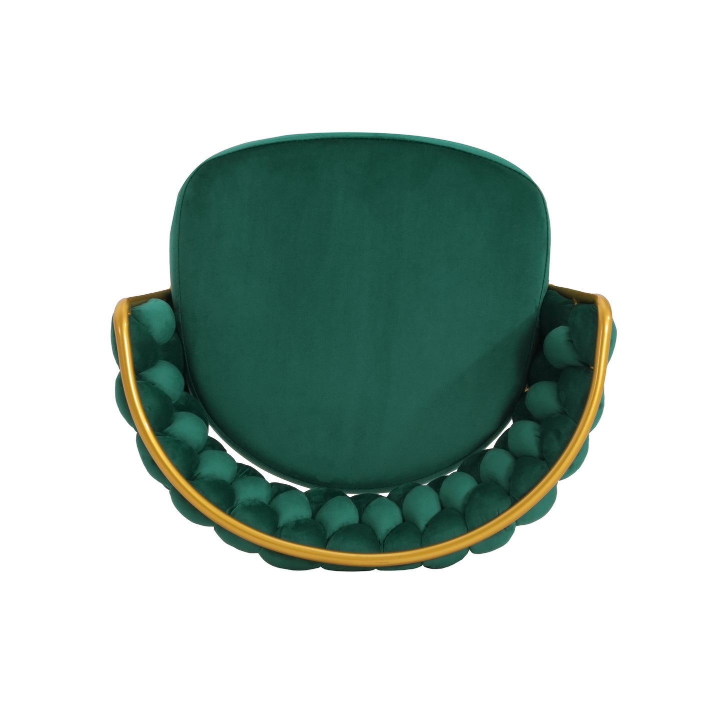 Emerald green velvet accent chair with tufted back and gold metal frame