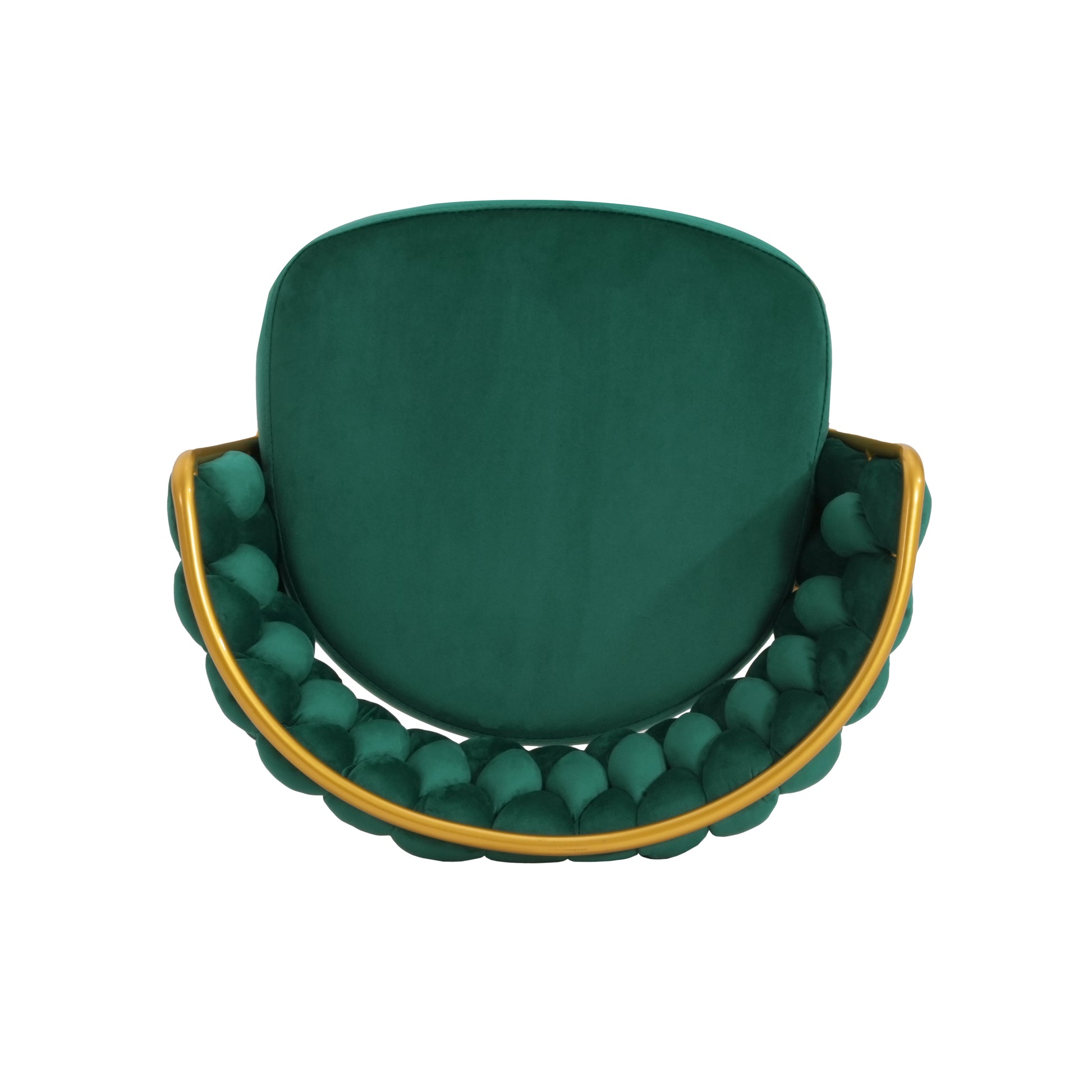 Emerald green velvet accent chair with tufted back and gold metal frame