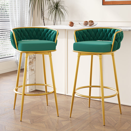 Emerald green velvet bar stool with gold legs and diamond tufting