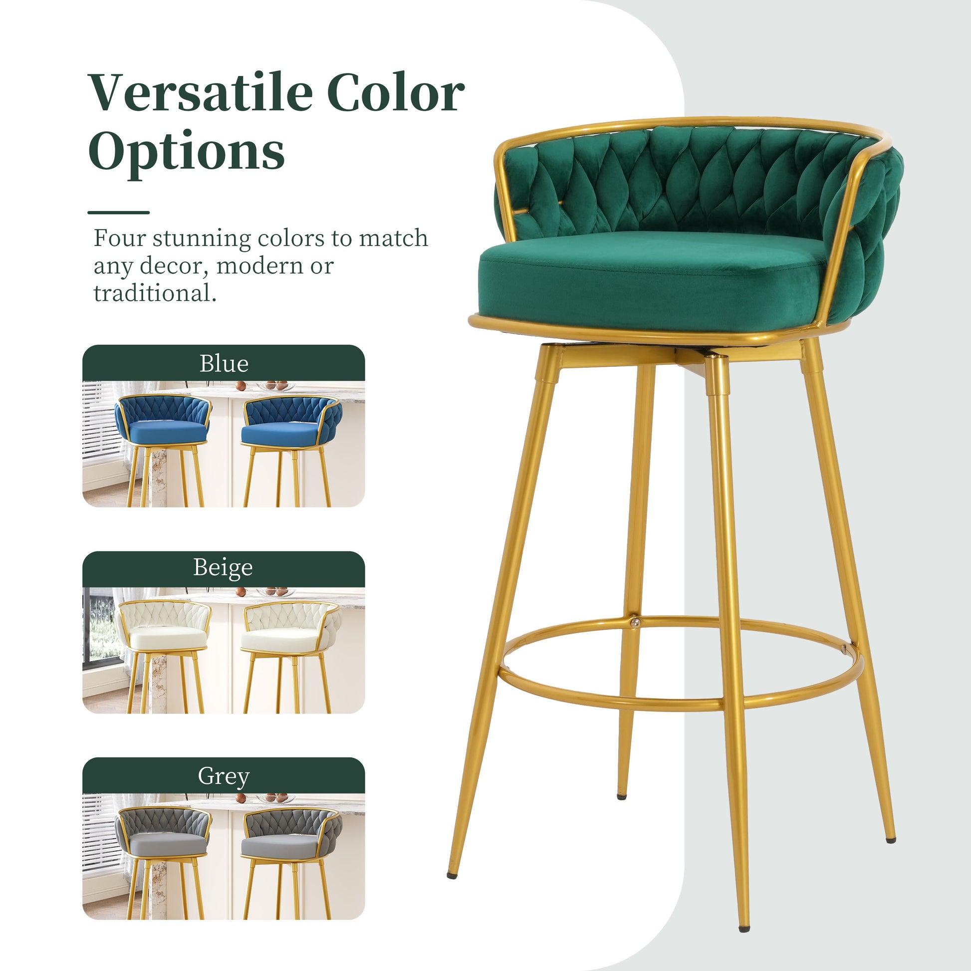 Emerald green velvet tufted bar stool with gold legs