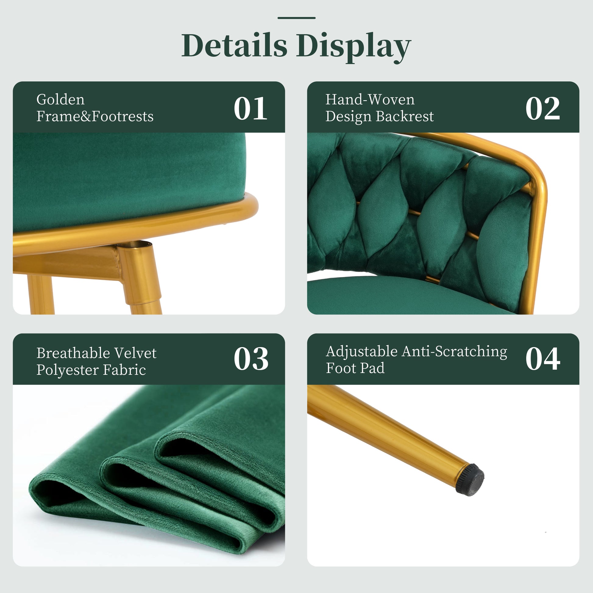 Emerald green velvet stool with golden frame and footrests