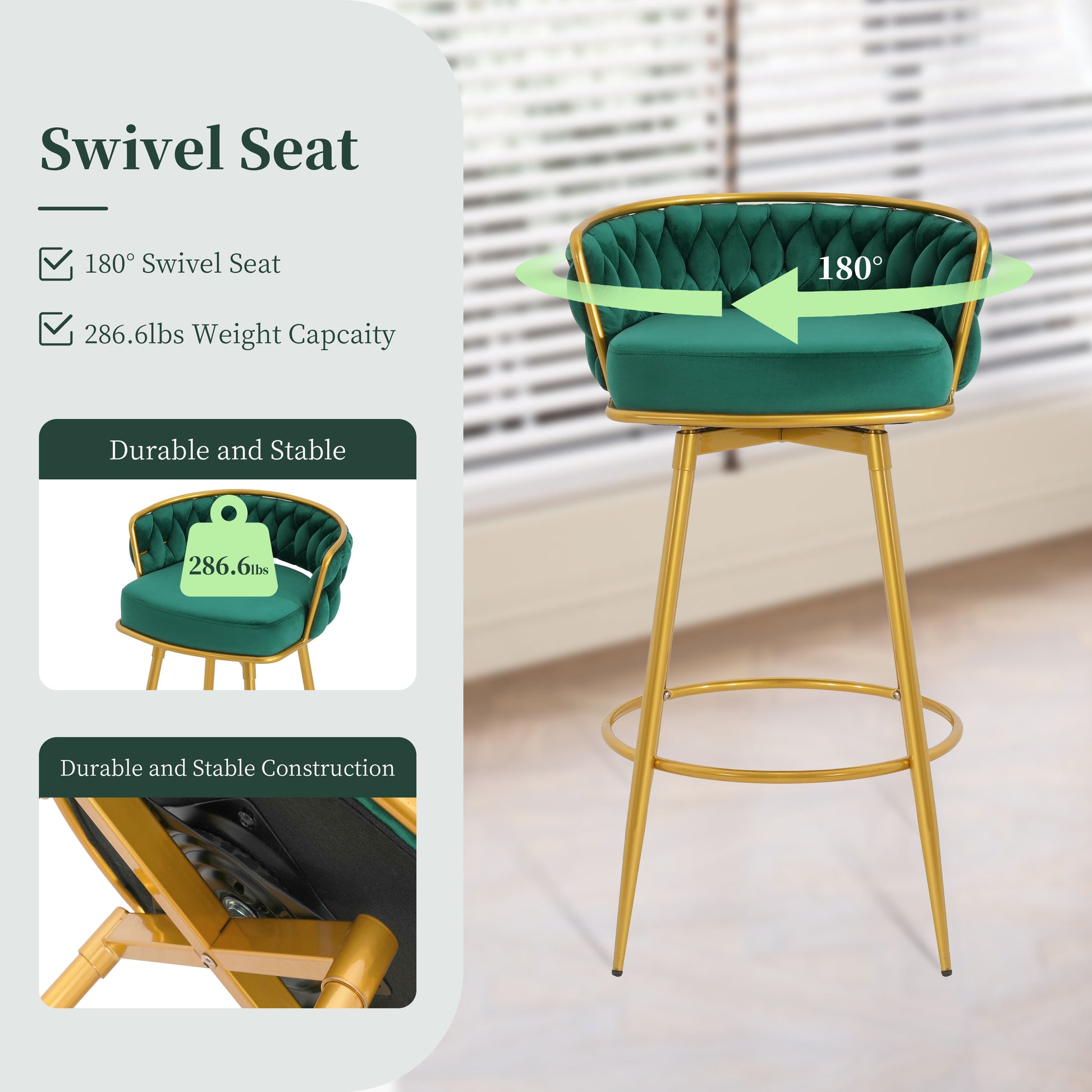 Emerald green velvet swivel bar stool with gold legs