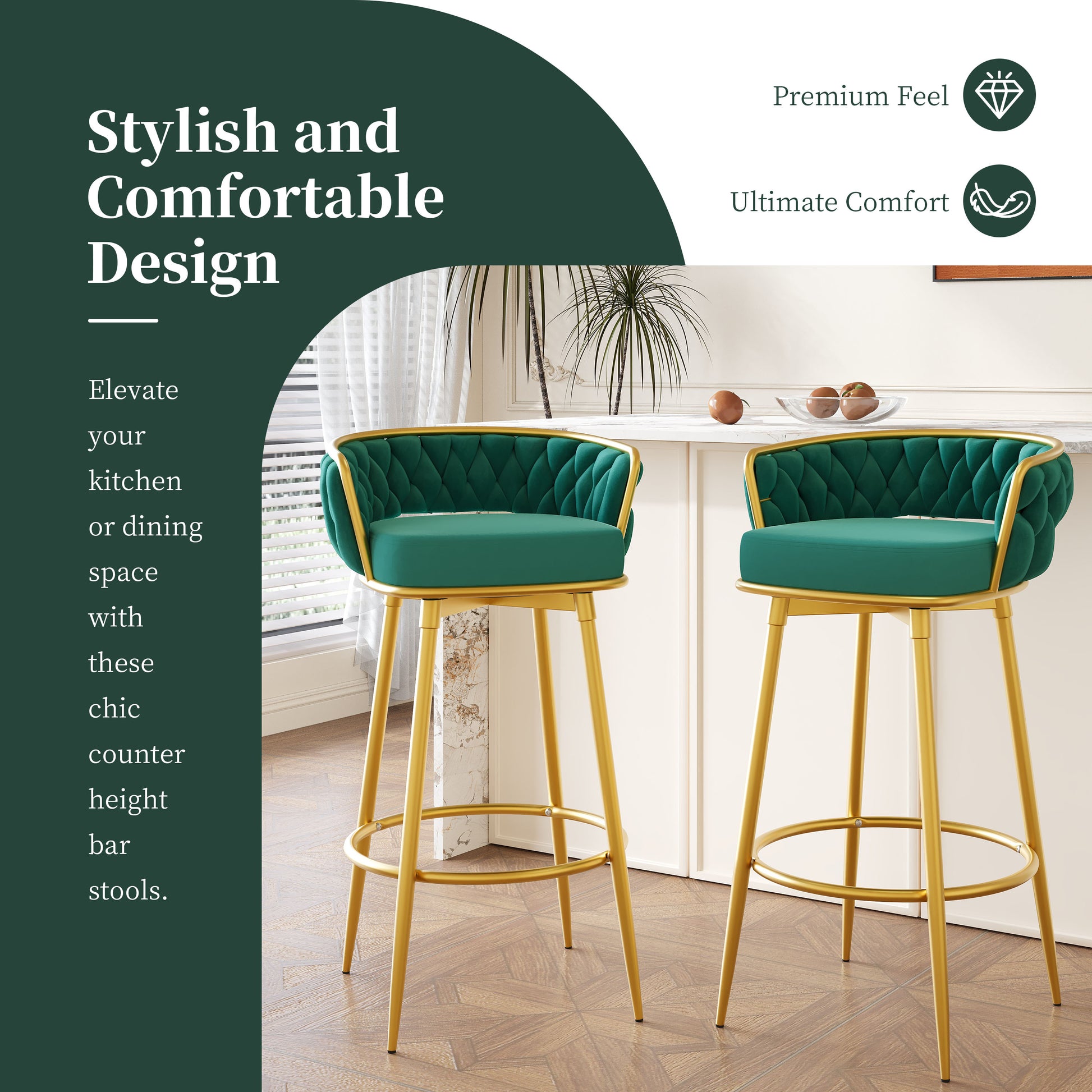 Emerald green velvet bar stools with diamond tufting and gold legs