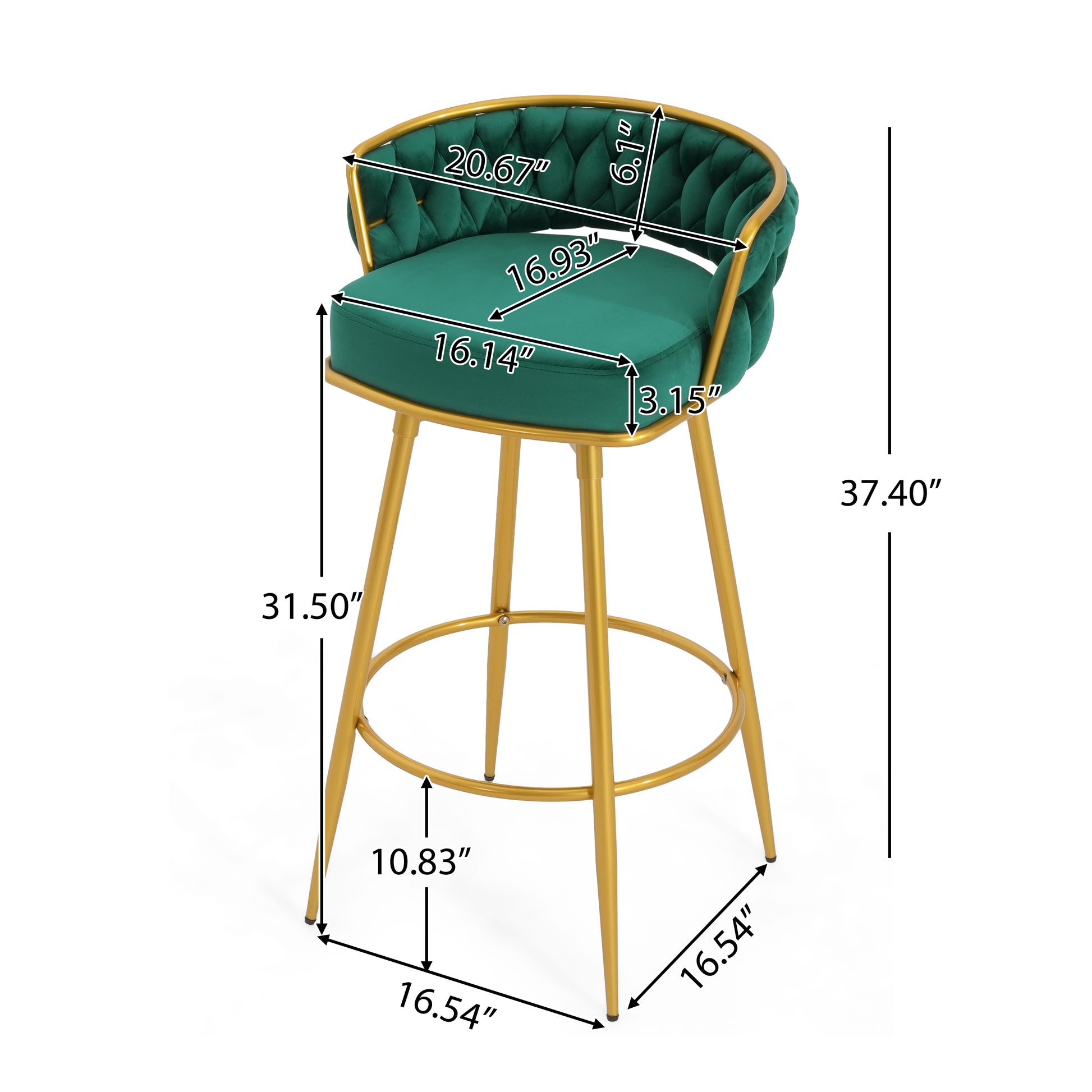 Deep emerald green velvet bar stool with tufted back and gold metal legs