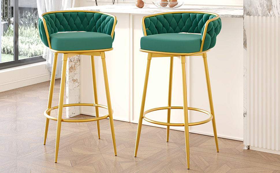 Emerald velvet bar stool with gold legs and tufted back