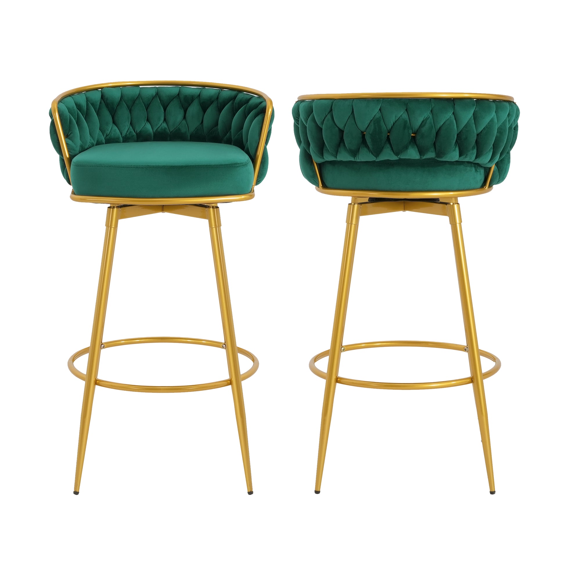 Emerald green velvet bar stool with gold legs and tufted back