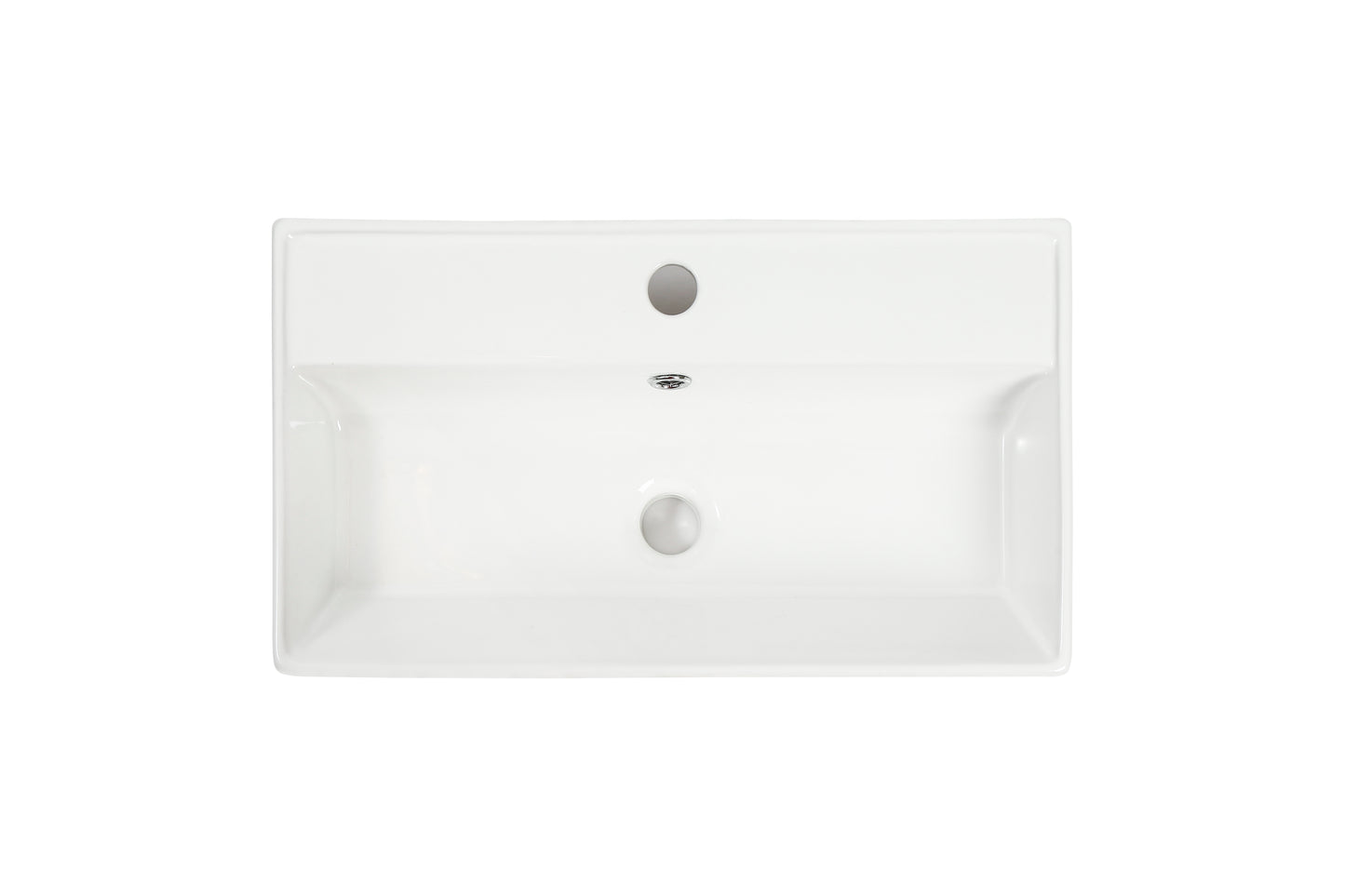 White rectangular ceramic bathroom sink with single faucet hole and drain