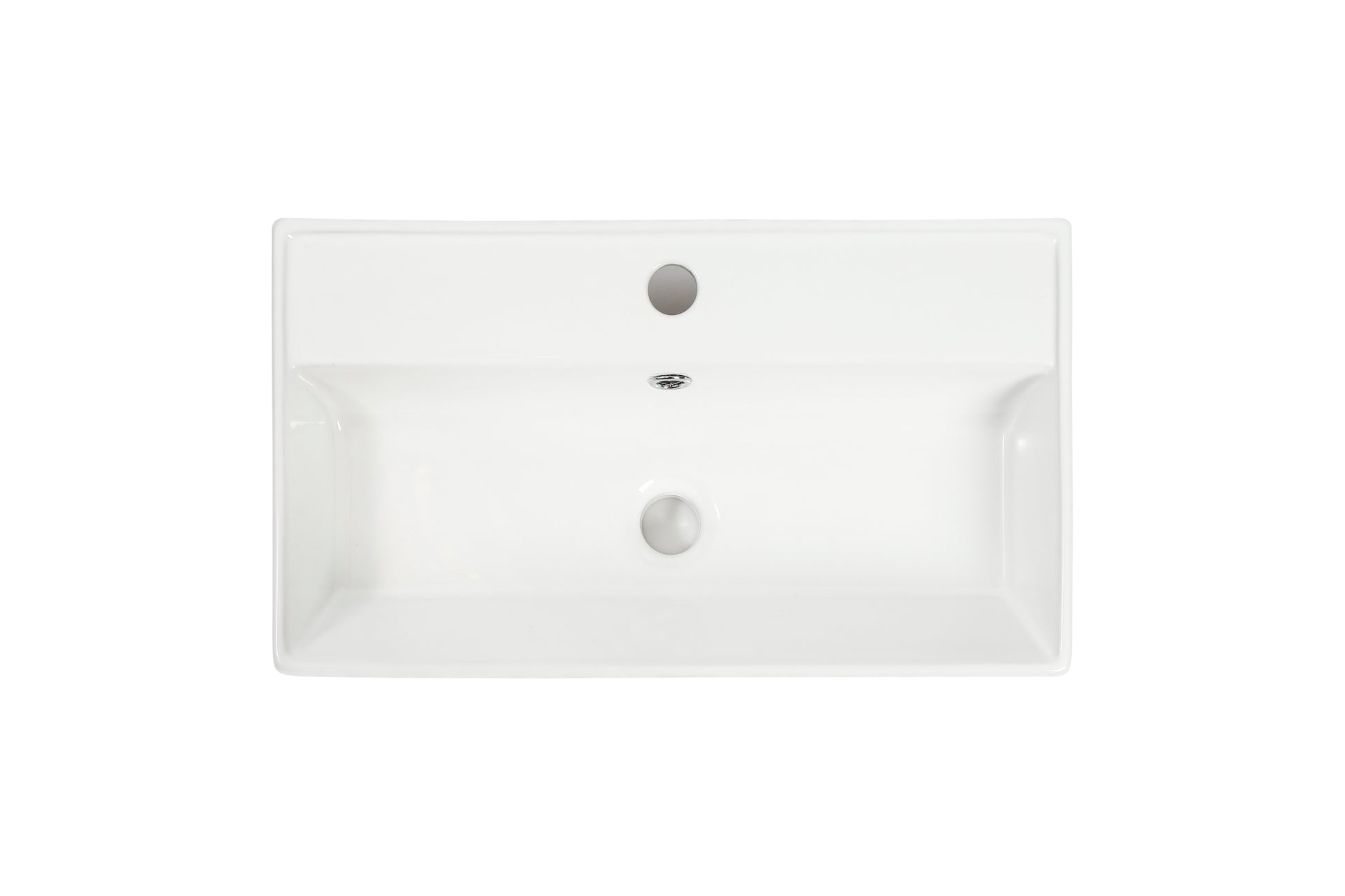 White rectangular ceramic bathroom sink with single faucet hole and drain