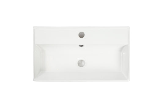 White rectangular ceramic bathroom sink with single faucet hole and drain
