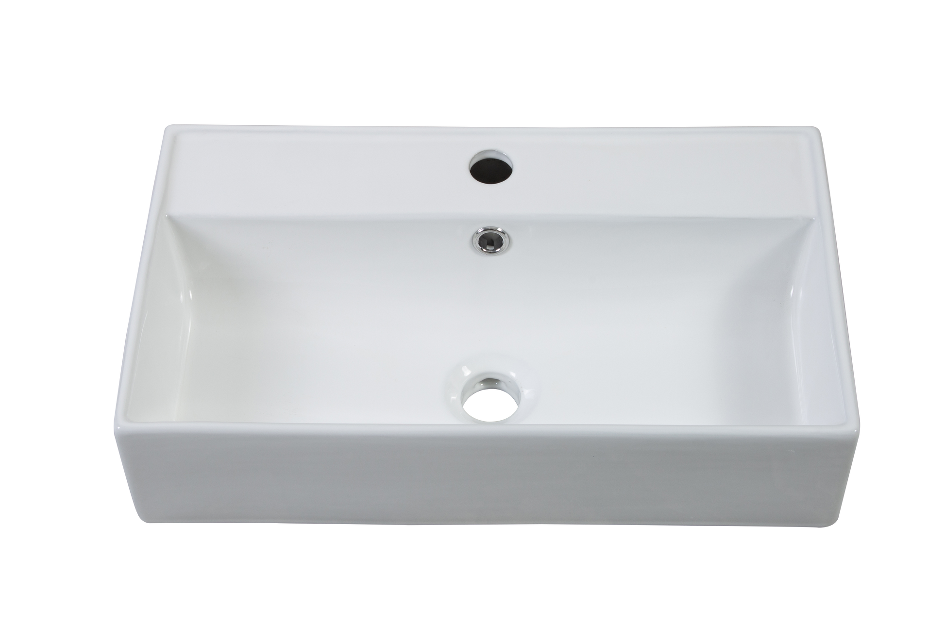 White rectangular ceramic vessel sink with single faucet hole