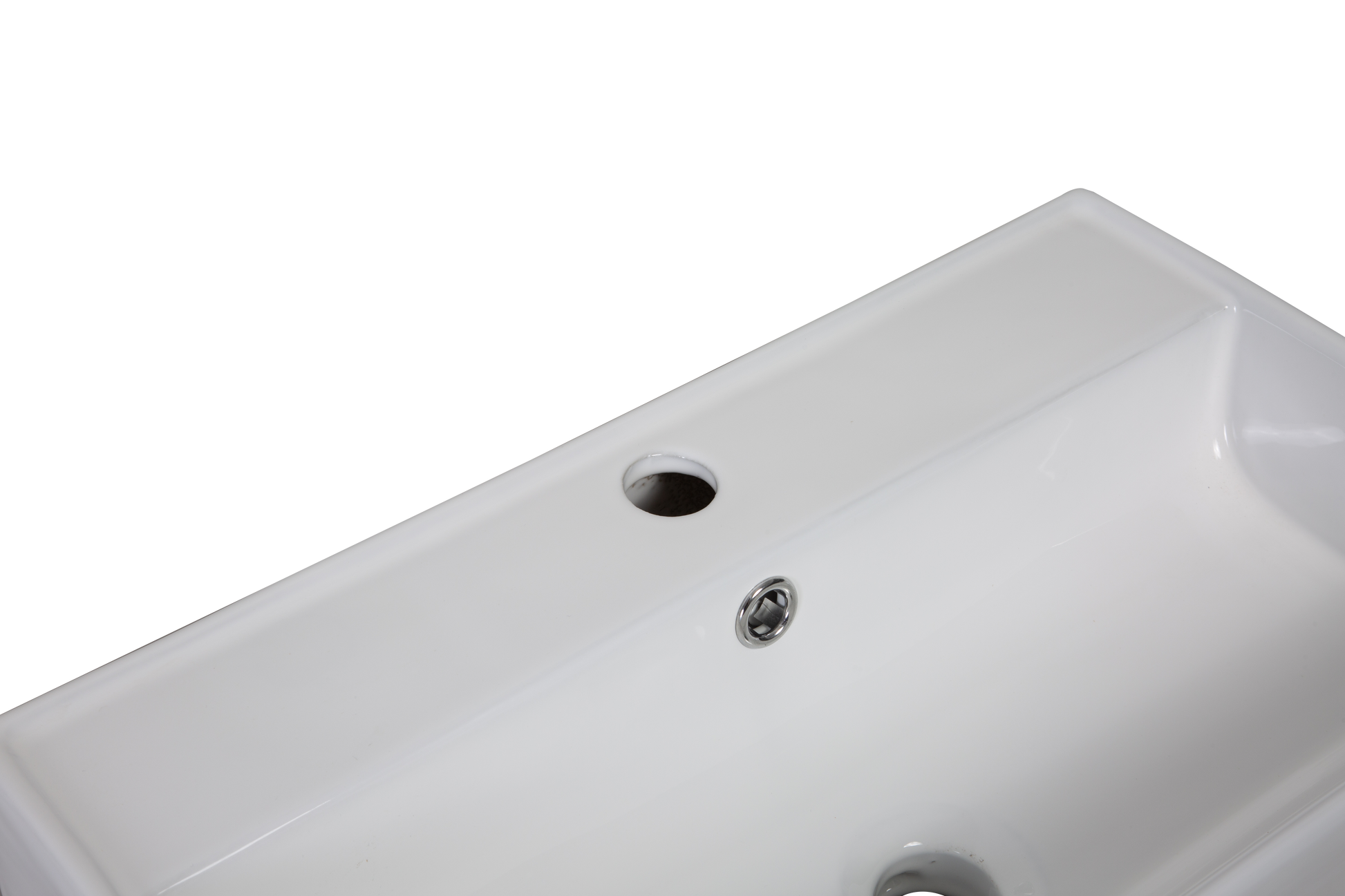 White ceramic vessel sink with overflow drain hole