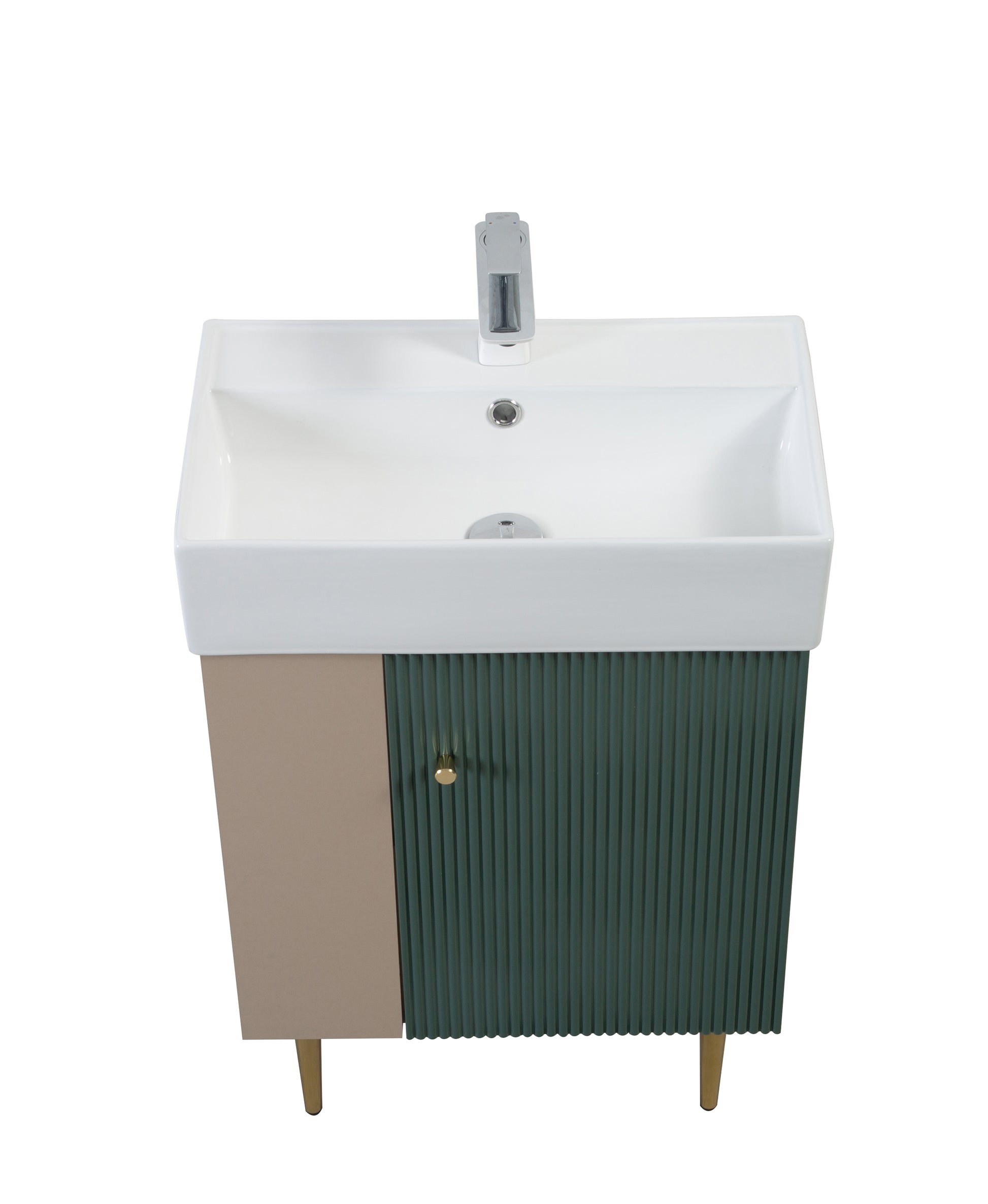 Modern white ceramic sink with a chrome faucet on a green fluted vanity