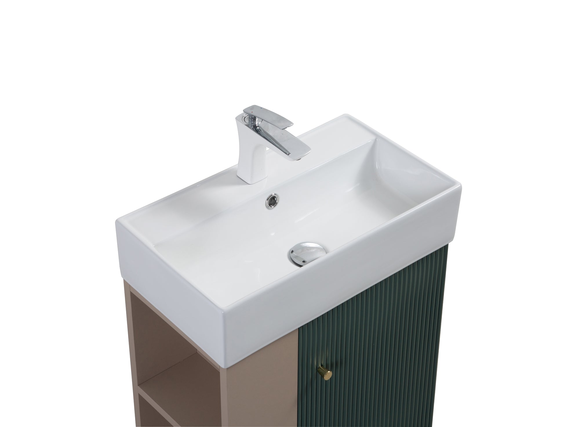 White ceramic rectangular bathroom sink with modern chrome faucet and ribbed dark green vanity cabinet