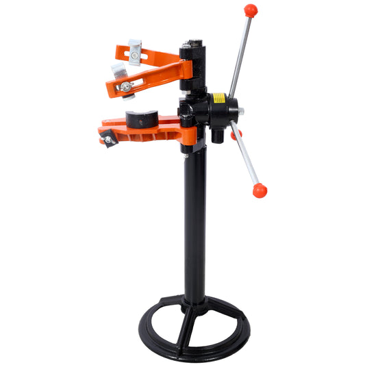 Orange and black drill press stand with adjustable clamp for woodworking