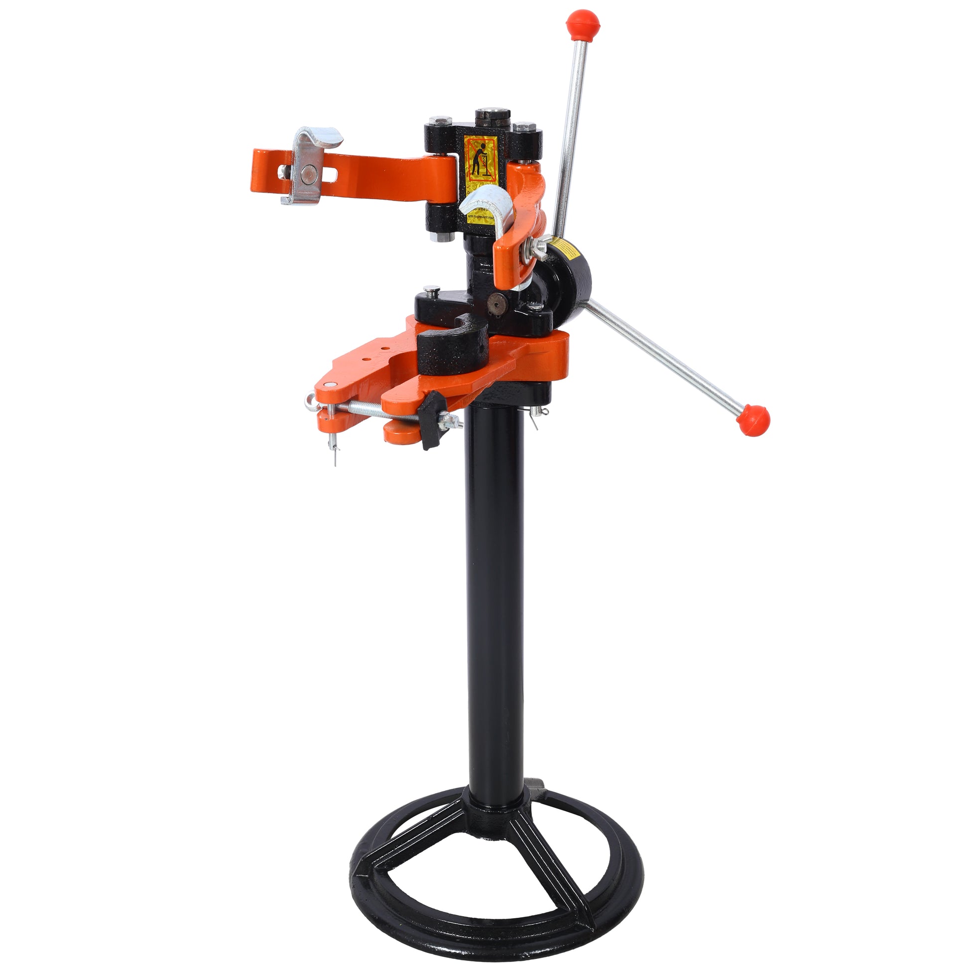 Orange metal pipe bender with adjustable clamp and lever