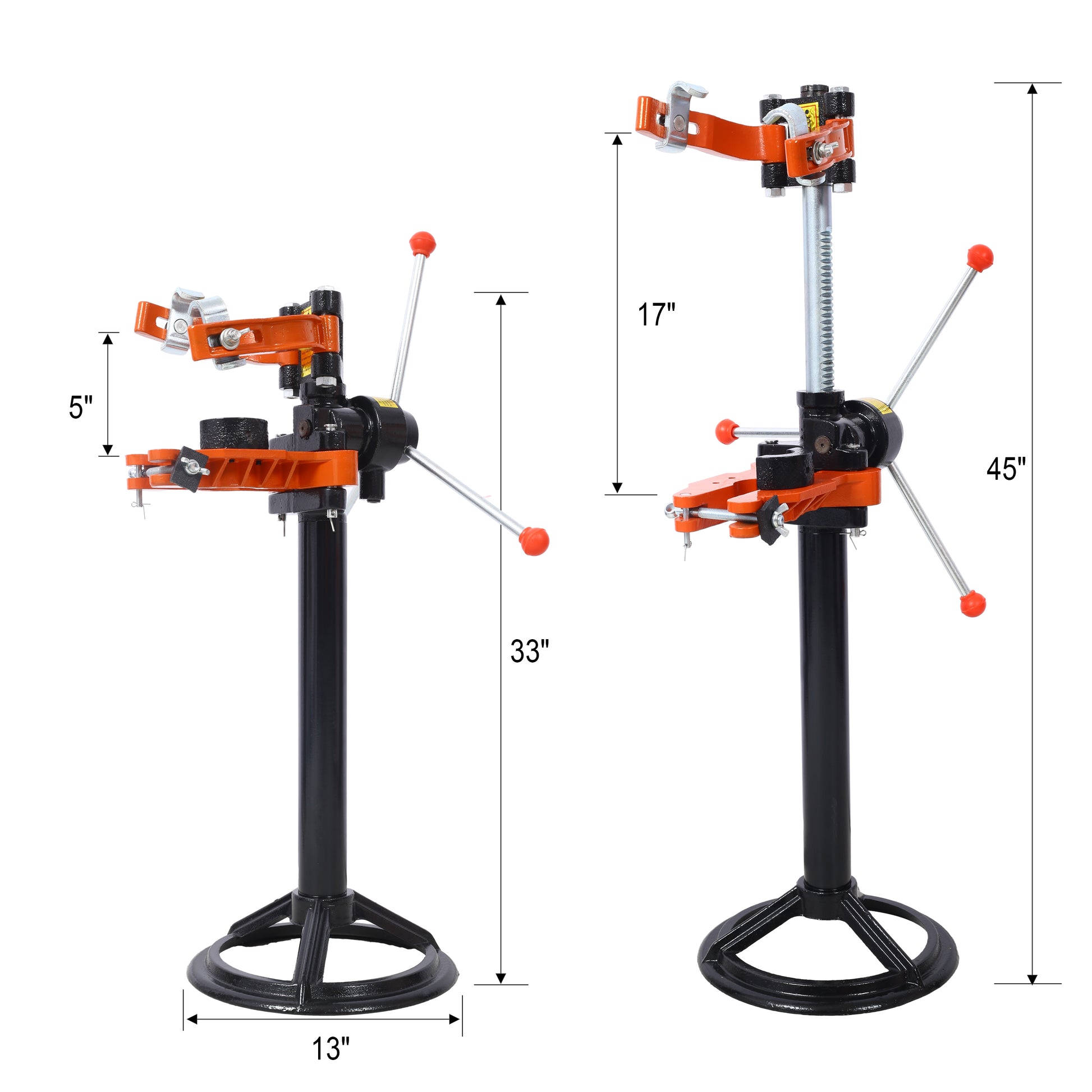 Adjustable motorcycle tire changer with orange and black components