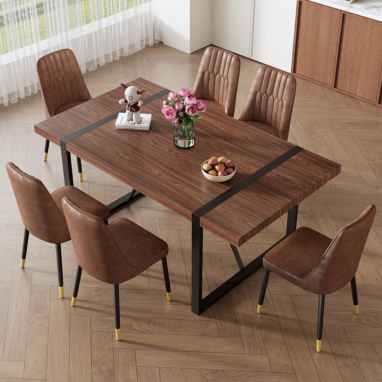 Brown upholstered dining chairs with gold accents surrounding a dark wood dining table