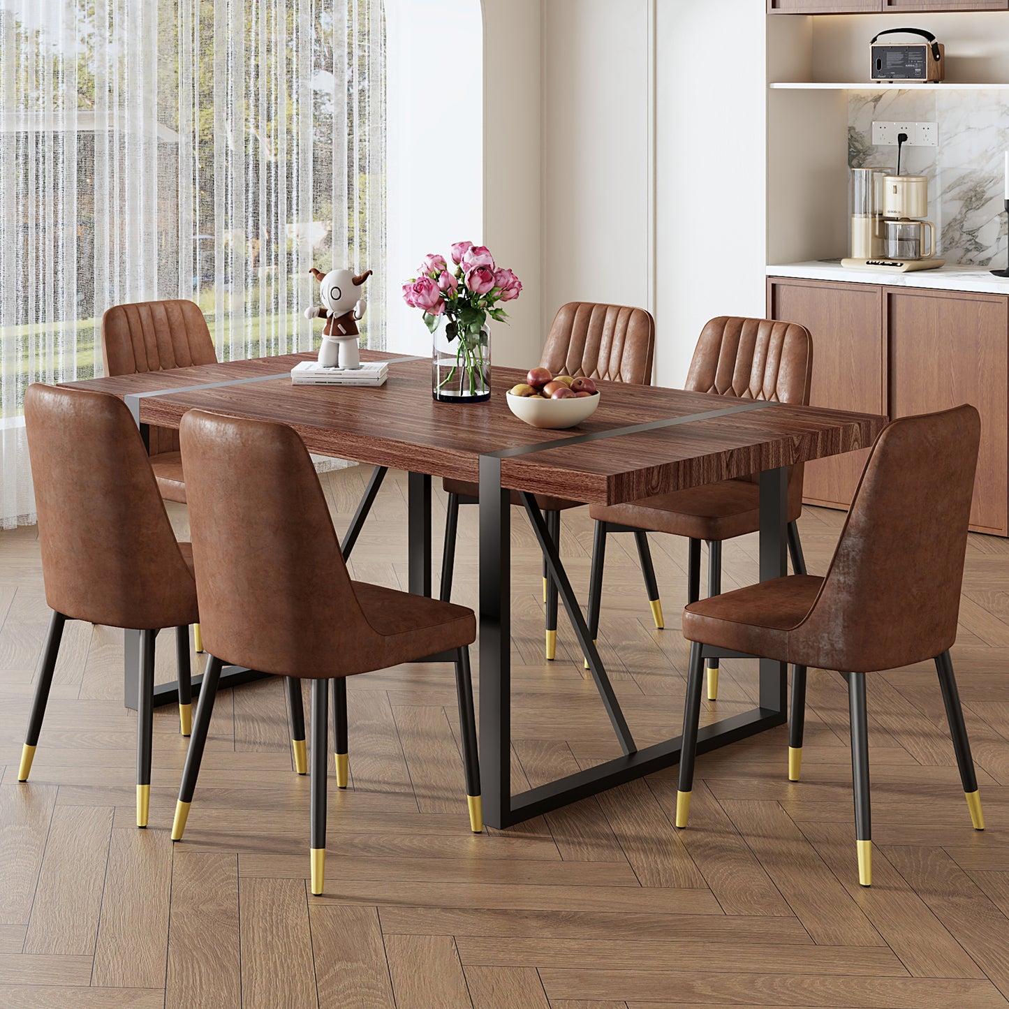 Brown leather dining chairs with goldtipped black legs surround a dark wood table
