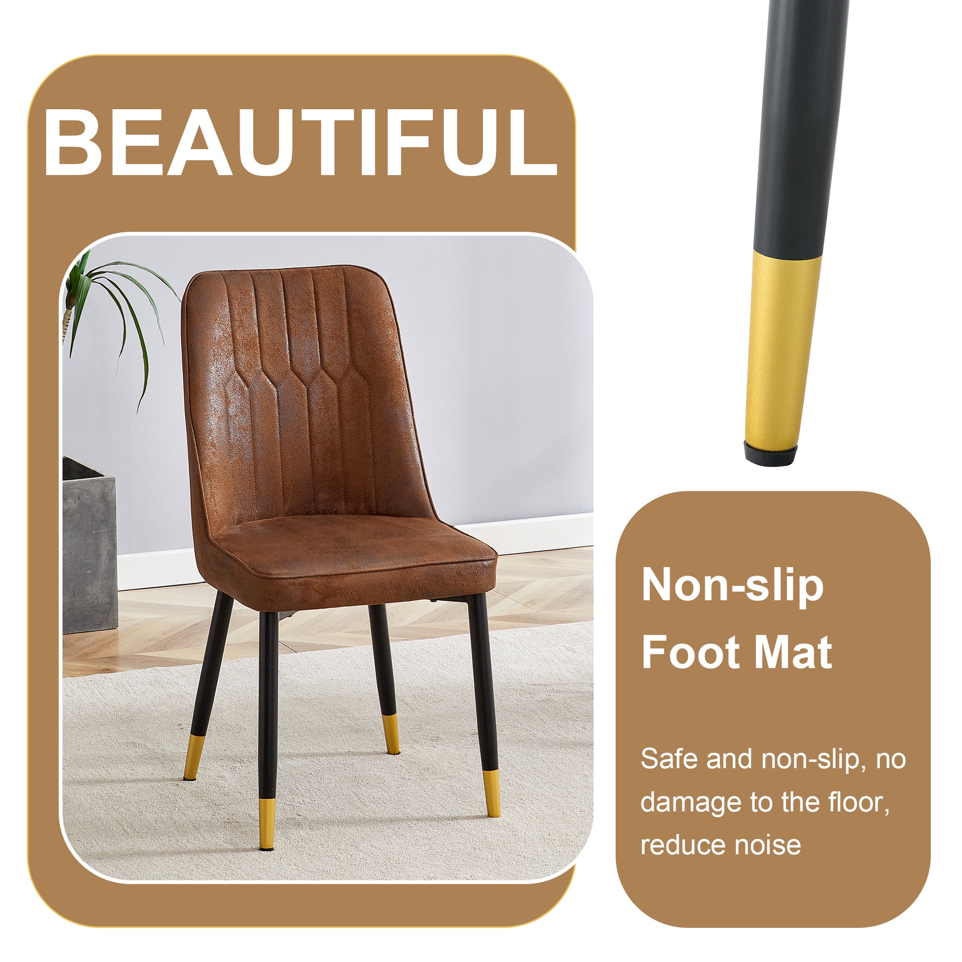 Brown faux leather dining chair with diamond stitching and goldtipped black legs