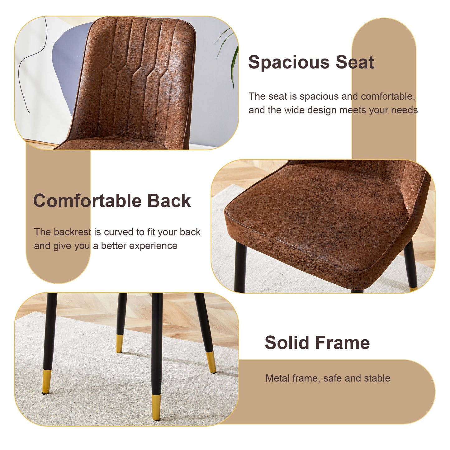 Brown upholstered dining chair with tufted backrest and goldcapped black legs