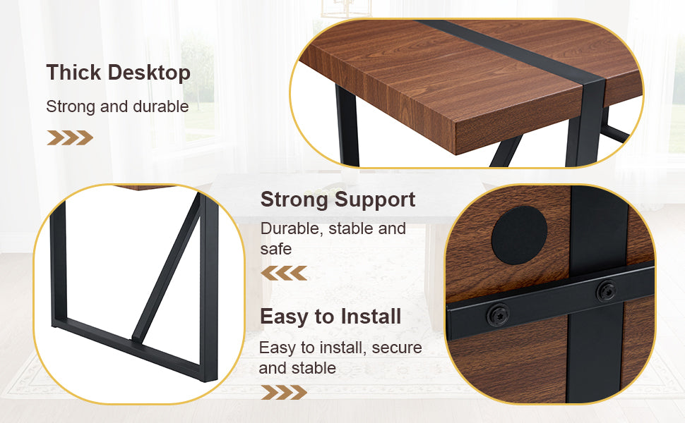Wooden desktop with black metal support bars