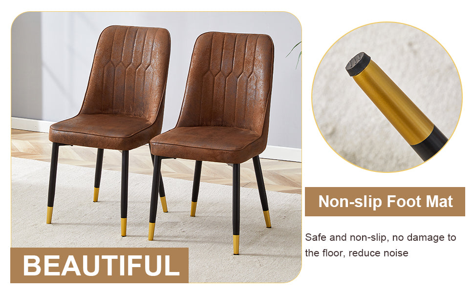 Two brown faux leather dining chairs with tufted backs and black metal legs