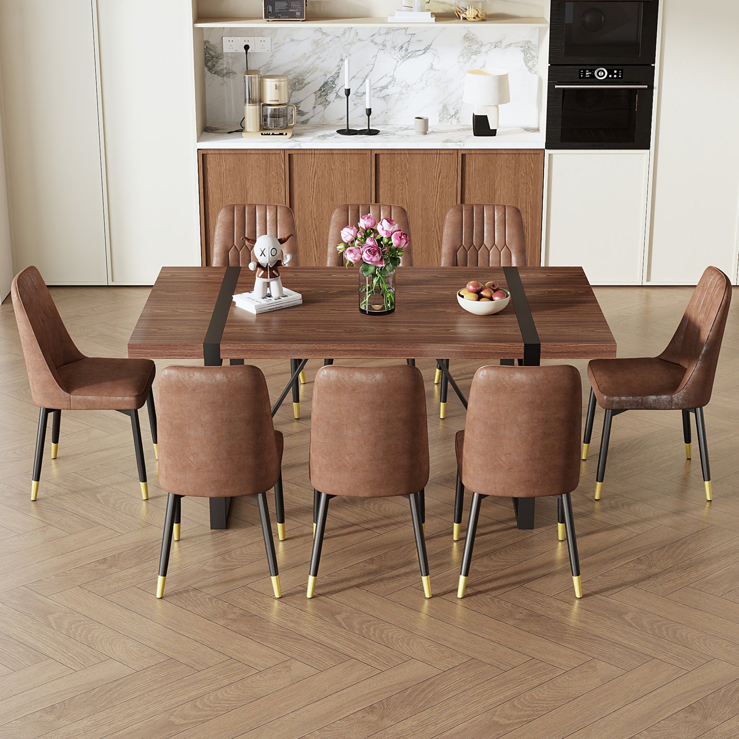 Brown faux leather dining chair with black legs and gold accents