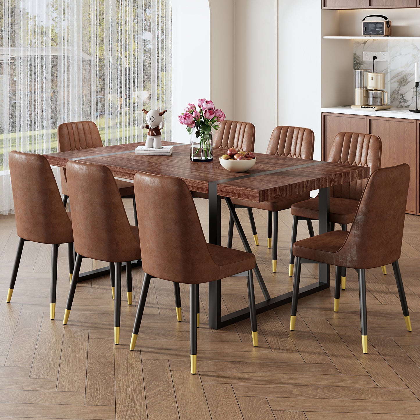 Square dark wood dining table with tufted brown leather chairs